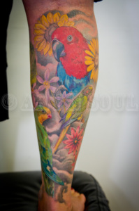 Birds Flower Lower Leg Tattoo-2