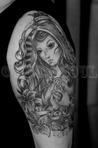 Black and Gray Gypsy Girl Half Sleeve Tattoo